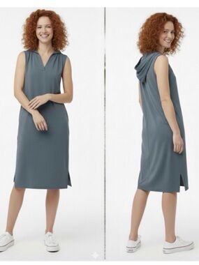 Pact Organic Cotton Hooded Sleeveless Midi Dress in Slate Blue